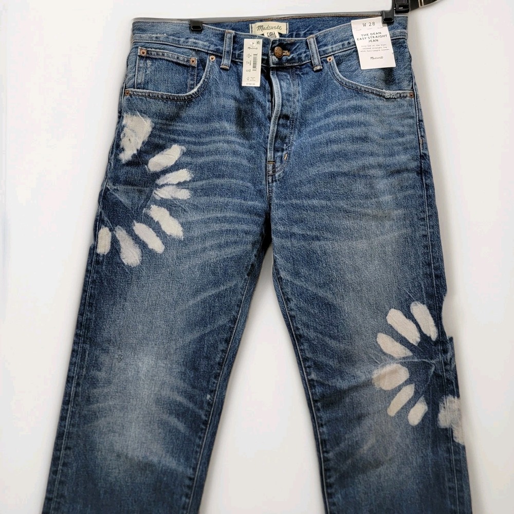 Madewell Blue Straight-Leg Jeans with White Tie-Dye Accents